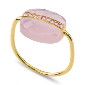 Morganne Bello Bague-BAGUE AURORE QUARTZ ROSE MILKY ET SAPHIRS ROSES OR JAUNE