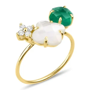 Morganne Bello Bague-BAGUE BOUQUET NACRE BLANCHE ET AGATE VERTE + DIAMANTS OR JAUNE