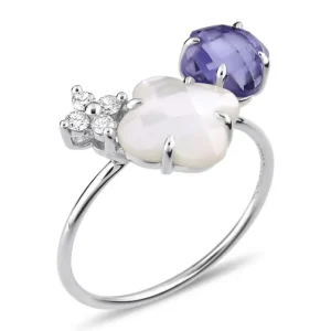 Morganne Bello Bague-BAGUE BOUQUET NACRE BLANCHE ET IOLITE + DIAMANTS OR BLANC