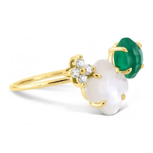 Morganne Bello Bague-BAGUE BOUQUET NACRE BLANCHE ET AGATE VERTE + DIAMANTS OR JAUNE