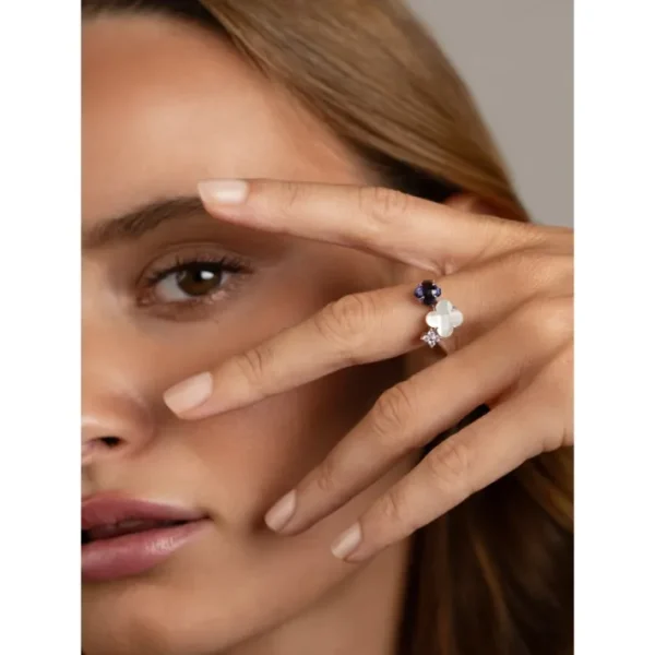 Morganne Bello Bague-BAGUE BOUQUET NACRE BLANCHE ET IOLITE + DIAMANTS OR BLANC
