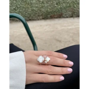Morganne Bello Bague-BAGUE BOUQUET NACRE BLANCHE ET QUARTZ ROSE + DIAMANTS OR JAUNE