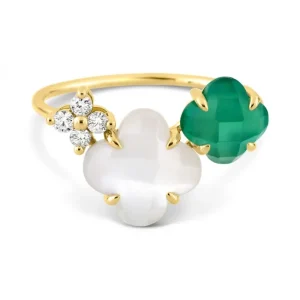 Morganne Bello Bague-BAGUE BOUQUET NACRE BLANCHE ET AGATE VERTE + DIAMANTS OR JAUNE