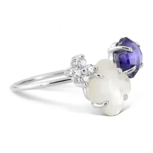 Morganne Bello Bague-BAGUE BOUQUET NACRE BLANCHE ET IOLITE + DIAMANTS OR BLANC