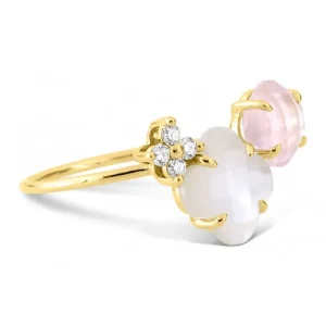 Morganne Bello Bague-BAGUE BOUQUET NACRE BLANCHE ET QUARTZ ROSE + DIAMANTS OR JAUNE
