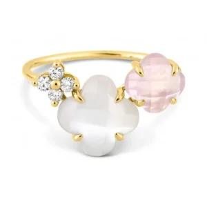 Morganne Bello Bague-BAGUE BOUQUET NACRE BLANCHE ET QUARTZ ROSE + DIAMANTS OR JAUNE