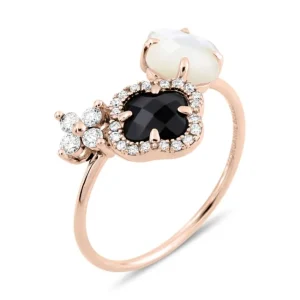 Morganne Bello Bague-BAGUE BOUQUET ONYX & DIAMANTS ET NACRE BLANCHE + DIAMANTS OR ROSE