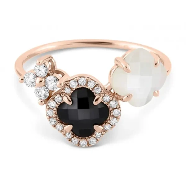 Morganne Bello Bague-BAGUE BOUQUET ONYX & DIAMANTS ET NACRE BLANCHE + DIAMANTS OR ROSE