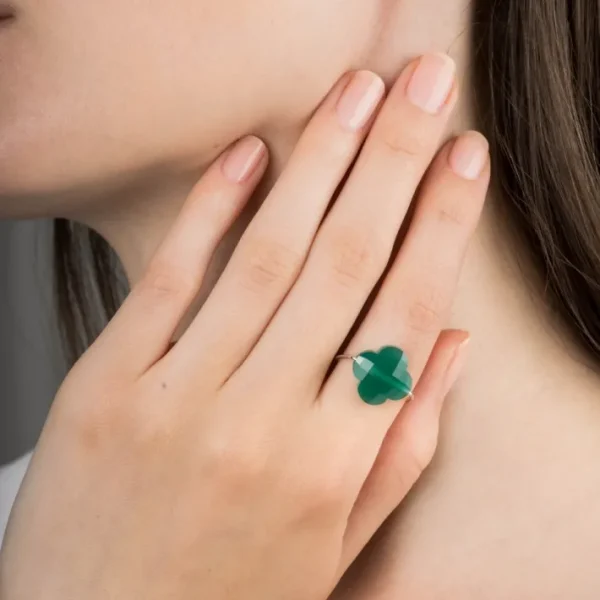Morganne Bello Bague-BAGUE OR BLANC TREFLE AGATE VERTE
