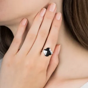 Morganne Bello Bague-BAGUE OR BLANC TREFLE HEMATITE