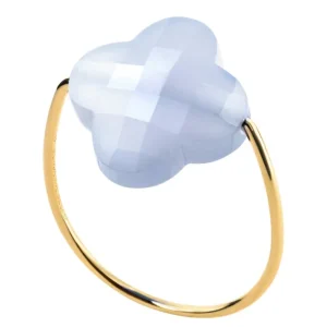 Morganne Bello Bague-BAGUE OR JAUNE TREFLE AGATE BLEUE DENTELLE