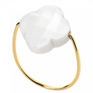 Morganne Bello Bague-BAGUE OR JAUNE TREFLE AGATE BLANCHE