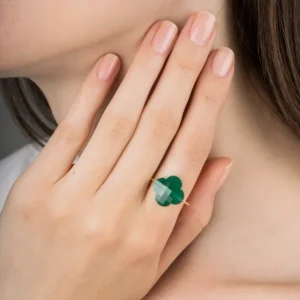 Morganne Bello Bague-BAGUE OR JAUNE TREFLE AGATE VERTE