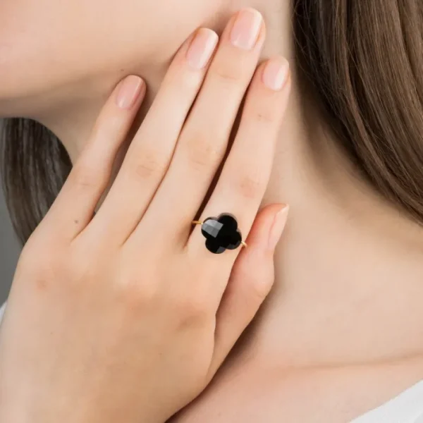 Morganne Bello Bague-BAGUE OR JAUNE TREFLE ONYX