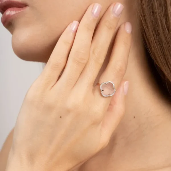 Morganne Bello Bague-BAGUE VICTORIA DIAMANTS QUARTZ ROSE MILKY + DIAMANTS OR ROSE