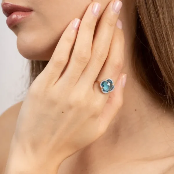 Morganne Bello Bague-BAGUE VICTORIA DIAMANTS TOPAZE (swiss blue) + DIAMANTS OR JAUNE