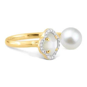 Morganne Bello Bague-BAGUE VICTORIA PERLES ET NACRE BLANCHE + DIAMANTS OR JAUNE
