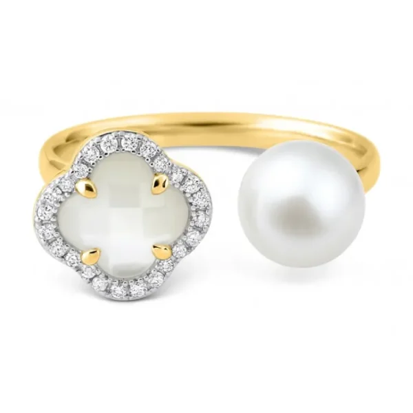 Morganne Bello Bague-BAGUE VICTORIA PERLES ET NACRE BLANCHE + DIAMANTS OR JAUNE