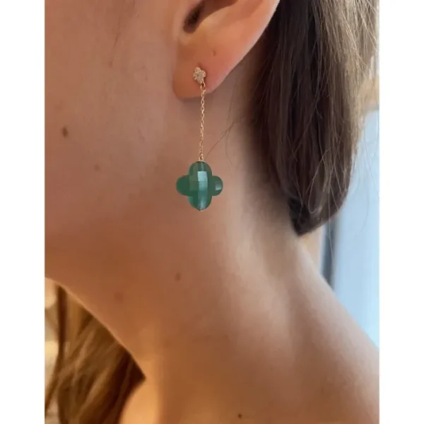 Morganne Bello Boucles D'Oreilles-BOUCLES D'OREILLES PENDANTES AGATE VERTE + DIAMANTS OR JAUNE