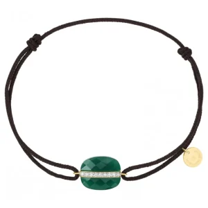 Morganne Bello Bracelet-BRACELET AURORE CORDON CHOCOLAT AGATE VERTE COUSSIN + DIAMANTS OR JAUNE