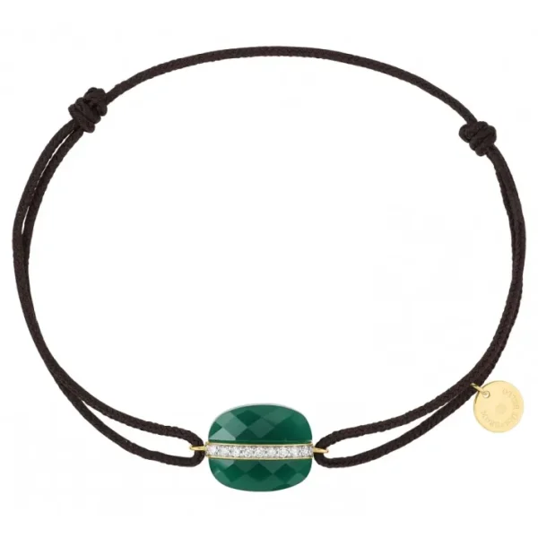 Morganne Bello Bracelet-BRACELET AURORE CORDON CHOCOLAT AGATE VERTE COUSSIN + DIAMANTS OR JAUNE