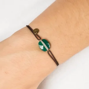 Morganne Bello Bracelet-BRACELET AURORE CORDON CHOCOLAT AGATE VERTE COUSSIN + DIAMANTS OR JAUNE