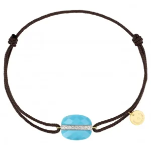 Morganne Bello Bracelet-BRACELET AURORE CORDON TAUPE TURQUOISE COUSSIN + DIAMANTS OR JAUNE