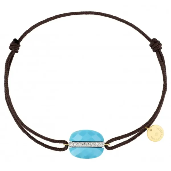 Morganne Bello Bracelet-BRACELET AURORE CORDON TAUPE TURQUOISE COUSSIN + DIAMANTS OR JAUNE