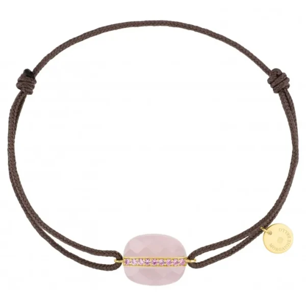 Morganne Bello Bracelet-BRACELET AURORE CORDON TAUPE QUARTZ ROSE MILKY COUSSIN + SAPHIRS ROSES OR JAUNE