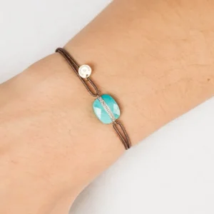 Morganne Bello Bracelet-BRACELET AURORE CORDON TAUPE TURQUOISE COUSSIN + DIAMANTS OR JAUNE