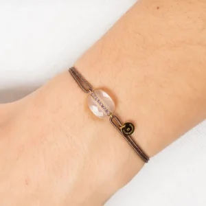 Morganne Bello Bracelet-BRACELET AURORE CORDON TAUPE QUARTZ ROSE MILKY COUSSIN + SAPHIRS ROSES OR JAUNE