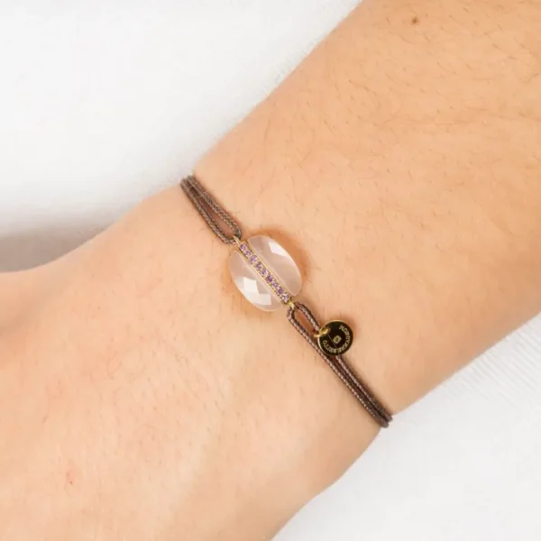 Morganne Bello Bracelet-BRACELET AURORE CORDON TAUPE QUARTZ ROSE MILKY COUSSIN + SAPHIRS ROSES OR JAUNE