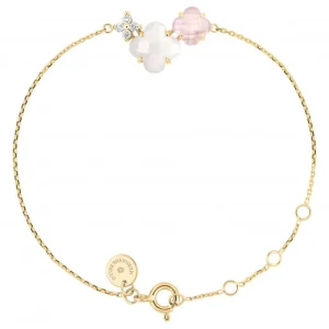 Morganne Bello Bracelet-BRACELET BOUQUET NACRE BLANCHE ET QUARTZ ROSE + DIAMANTS OR JAUNE
