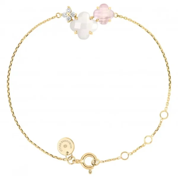 Morganne Bello Bracelet-BRACELET BOUQUET NACRE BLANCHE ET QUARTZ ROSE + DIAMANTS OR JAUNE