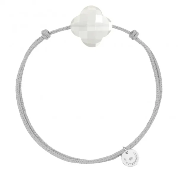 Morganne Bello Cordons-BRACELET CORDON GRIS SOURIS TREFLE PIERRE DE LUNE BLANCHE