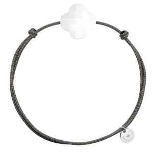 Morganne Bello Cordons-BRACELET CORDON TAUPE TREFLE AGATE BLANCHE