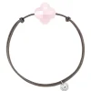 Morganne Bello Cordons-BRACELET CORDON TAUPE TREFLE QUARTZ ROSE POUDRE