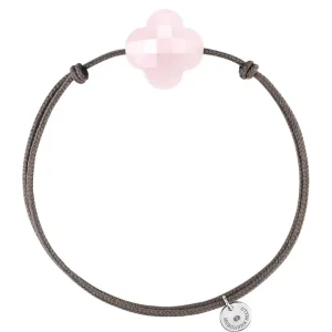 Morganne Bello Cordons-BRACELET CORDON TAUPE TREFLE QUARTZ ROSE POUDRE