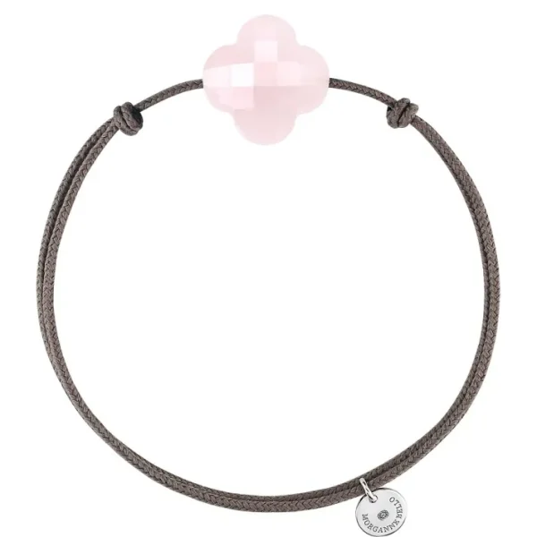Morganne Bello Cordons-BRACELET CORDON TAUPE TREFLE QUARTZ ROSE POUDRE