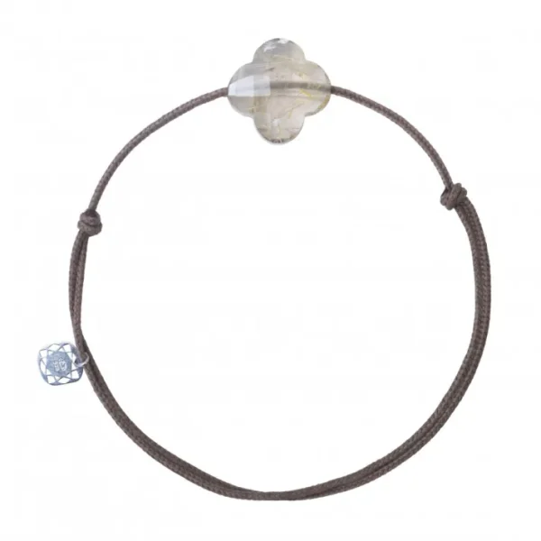 Morganne Bello Cordons-BRACELET CORDON TAUPE TREFLE QUARTZ RUTILE