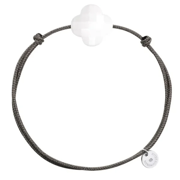 Morganne Bello Cordons-BRACELET CORDON TAUPE TREFLE AGATE BLANCHE