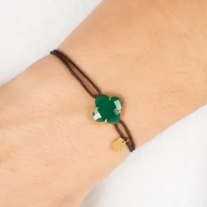 Morganne Bello Bracelet-BRACELET VICTORIA CORDON CHOCOLAT AGATE VERTE OR JAUNE