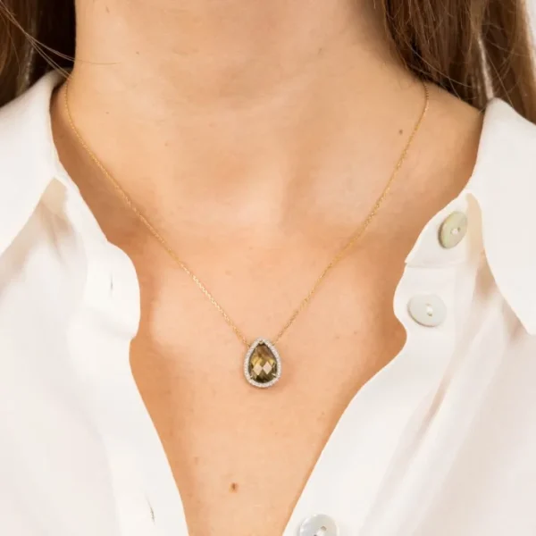 Morganne Bello Collier-COLLIER ALMA QUARTZ OLIVE ET DIAMANTS OR JAUNE