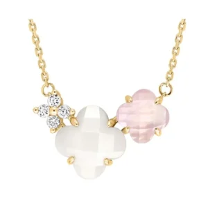 Morganne Bello Collier-COLLIER BOUQUET NACRE BLANCHE ET QUARTZ ROSE + DIAMANTS OR JAUNE