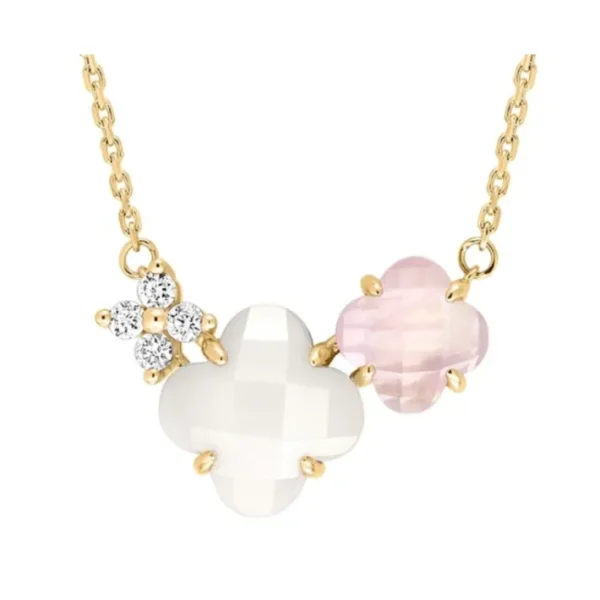 Morganne Bello Collier-COLLIER BOUQUET NACRE BLANCHE ET QUARTZ ROSE + DIAMANTS OR JAUNE