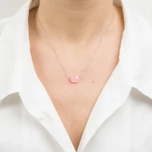 Morganne Bello Collier-COLLIER OR BLANC COUSSIN QUARTZ ROSE POUDRE