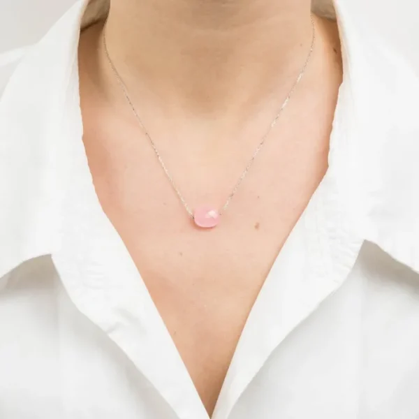 Morganne Bello Collier-COLLIER OR BLANC COUSSIN QUARTZ ROSE POUDRE