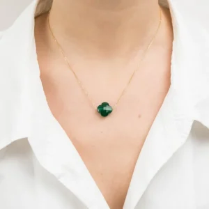 Morganne Bello Collier-COLLIER OR BLANC TREFLE AGATE VERTE