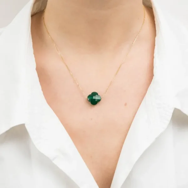 Morganne Bello Collier-COLLIER OR BLANC TREFLE AGATE VERTE