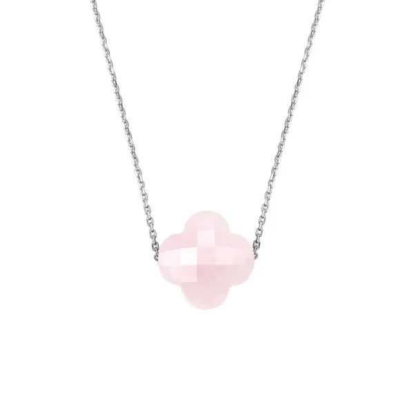 Morganne Bello Collier-COLLIER OR BLANC TREFLE QUARTZ ROSE POUDRE